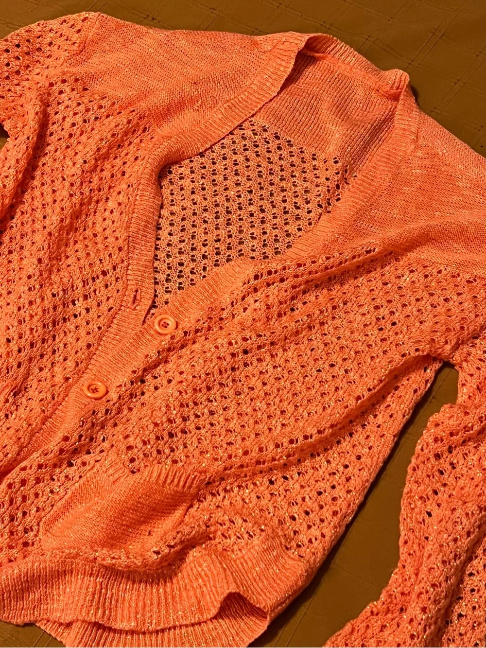 Coral Pink Open Knit Shimmer Cardigan Sweater XL Boho Y2K Metallic